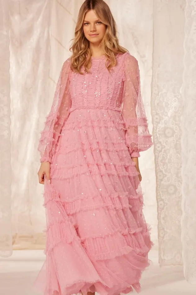 Women Embellished Dresses Needle and Thread Violet Shimmer Ankle Gown Pink