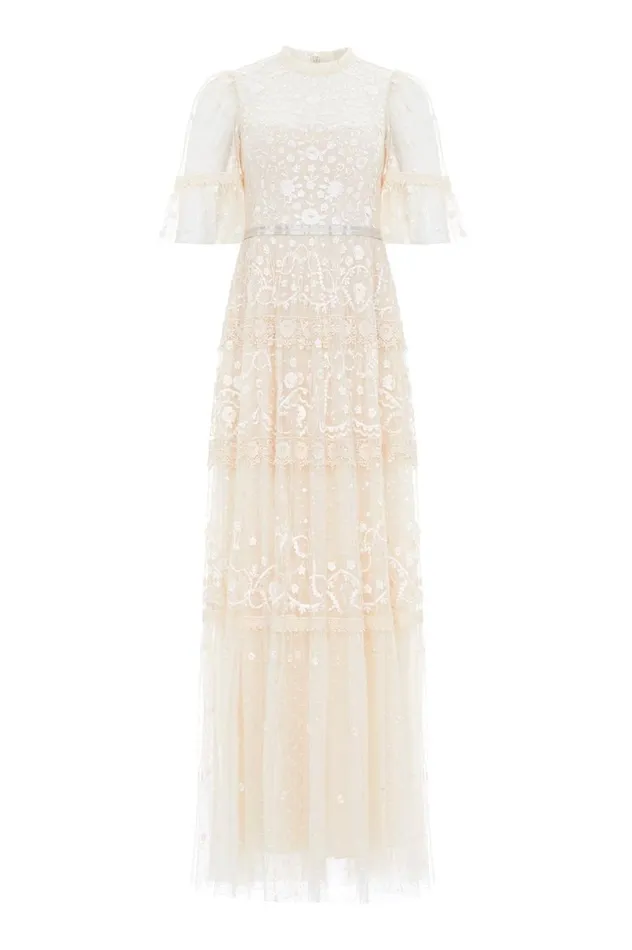 Women Embroidered Dresses Needle and Thread Midsummer Lace Round Neck Gown Champagne