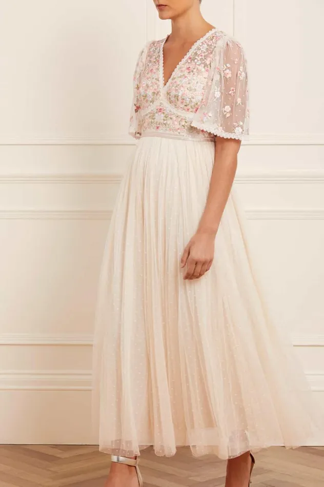 Women Embroidered Dresses Needle and Thread Ribbon Bouquet Bodice Ankle Gown Champagne