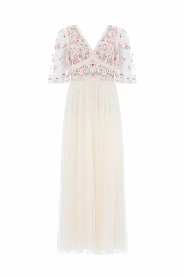 Women Embroidered Dresses Needle and Thread Ribbon Bouquet Bodice Ankle Gown Champagne