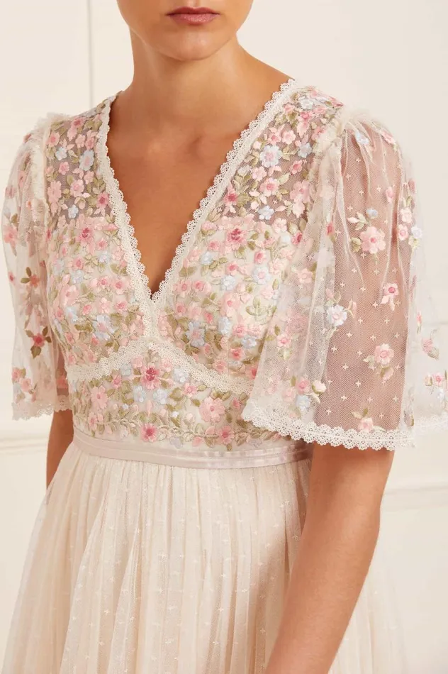 Women Embroidered Dresses Needle and Thread Ribbon Bouquet Bodice Ankle Gown Champagne