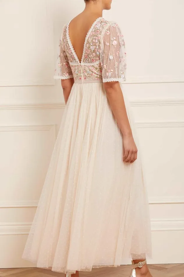Women Embroidered Dresses Needle and Thread Ribbon Bouquet Bodice Ankle Gown Champagne