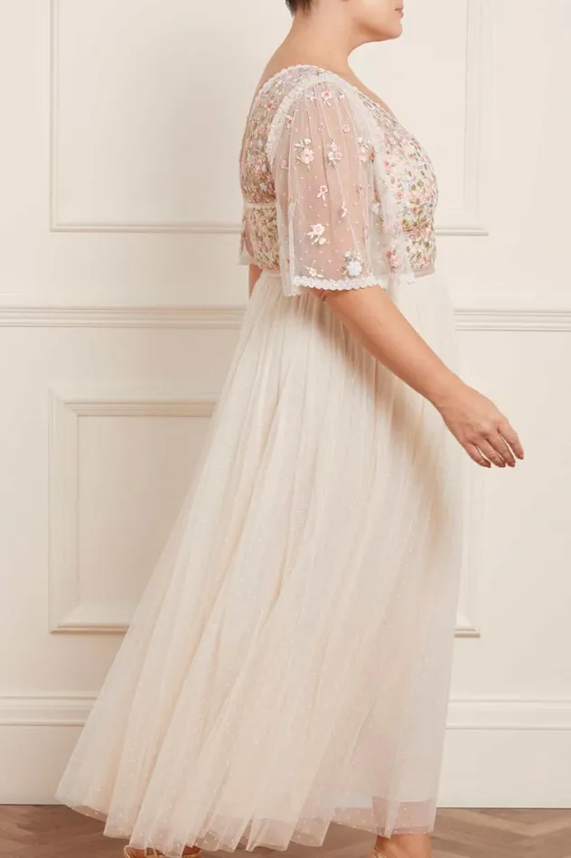 Women Embroidered Dresses Needle and Thread Ribbon Bouquet Bodice Ankle Gown Champagne