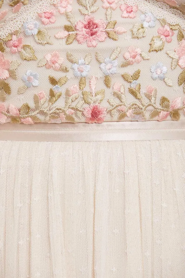 Women Embroidered Dresses Needle and Thread Ribbon Bouquet Bodice Ankle Gown Champagne