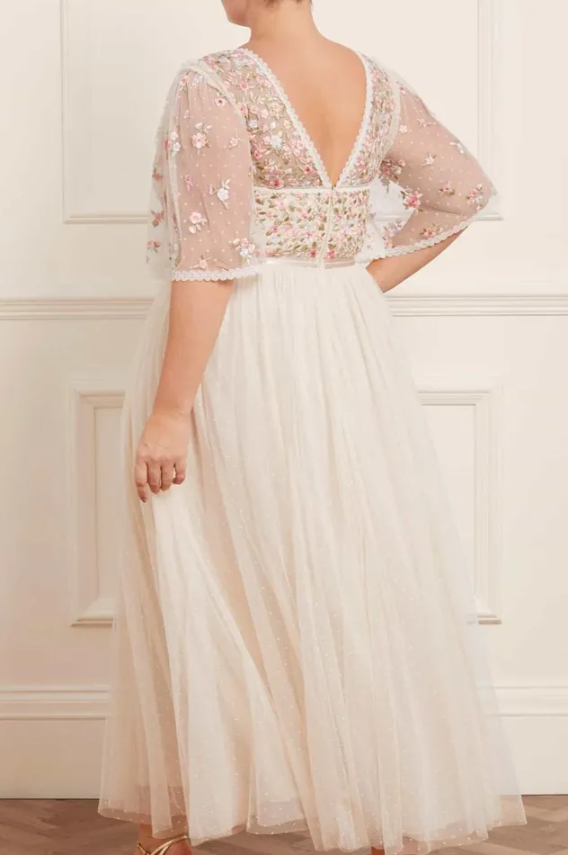 Women Embroidered Dresses Needle and Thread Ribbon Bouquet Bodice Ankle Gown Champagne