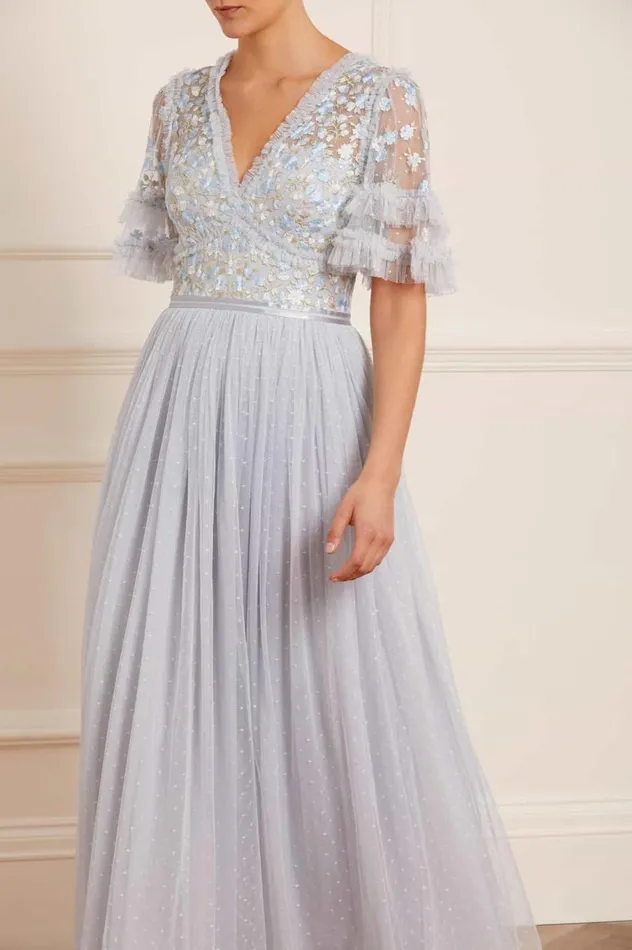 Women Embroidered Dresses Needle and Thread Wildflower Ditsy Bodice Ankle Gown Blue