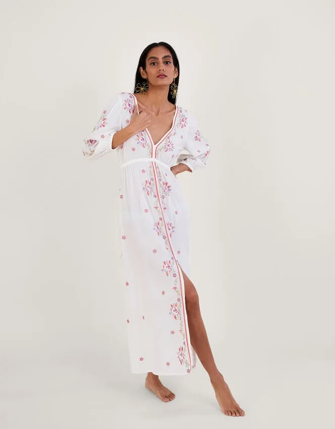Women Embroidered Maxi Kaftan Dress In Lenzing Ecovero Ivory Monsoon Dresses