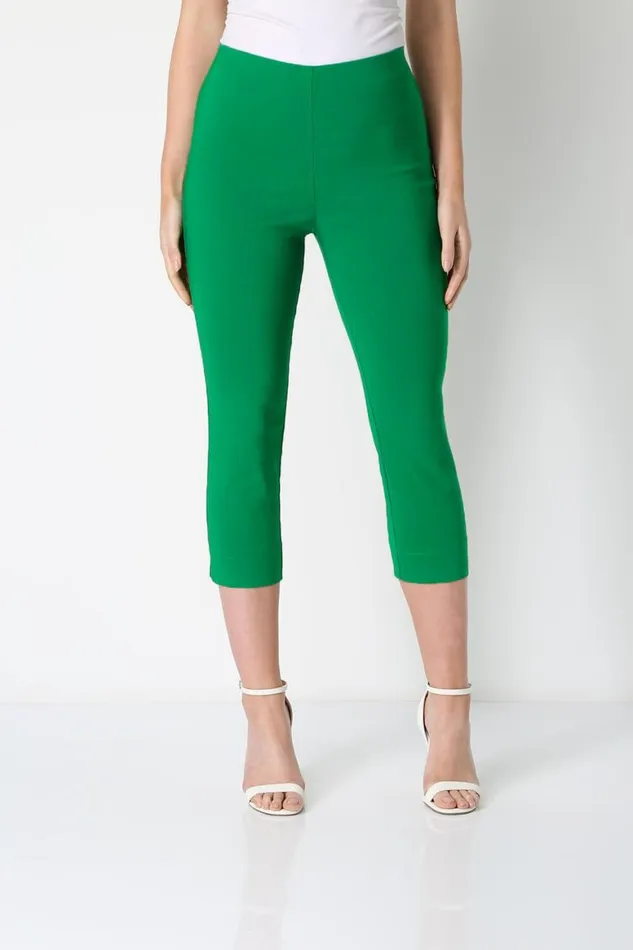 Women Emerald Green Elastic Waist Stretch Cropped Trousers Roman Coords