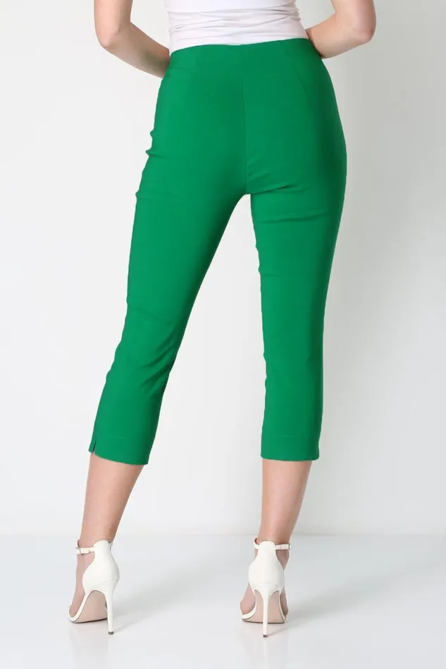 Women Emerald Green Elastic Waist Stretch Cropped Trousers Roman Coords
