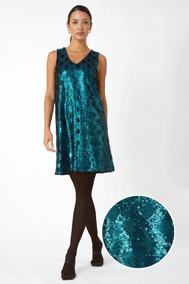 Women Emerald Sequin Diamond Print Swing Stretch Dress Roman Dresses