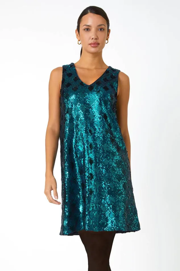 Women Emerald Sequin Diamond Print Swing Stretch Dress Roman Dresses