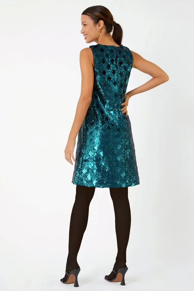 Women Emerald Sequin Diamond Print Swing Stretch Dress Roman Dresses