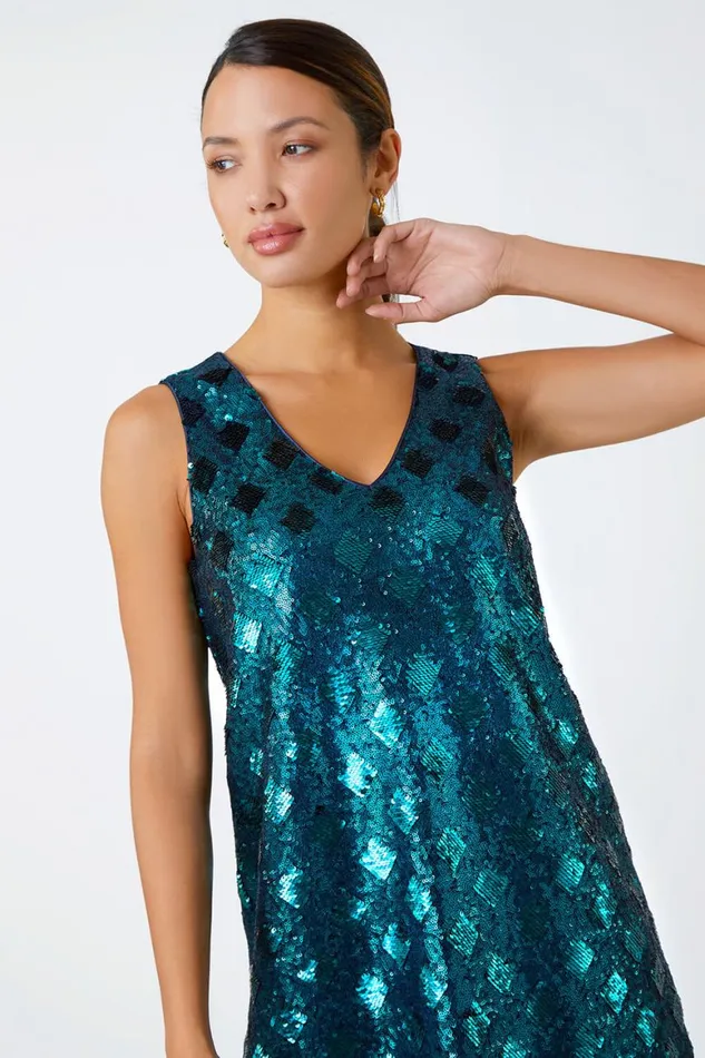Women Emerald Sequin Diamond Print Swing Stretch Dress Roman Dresses