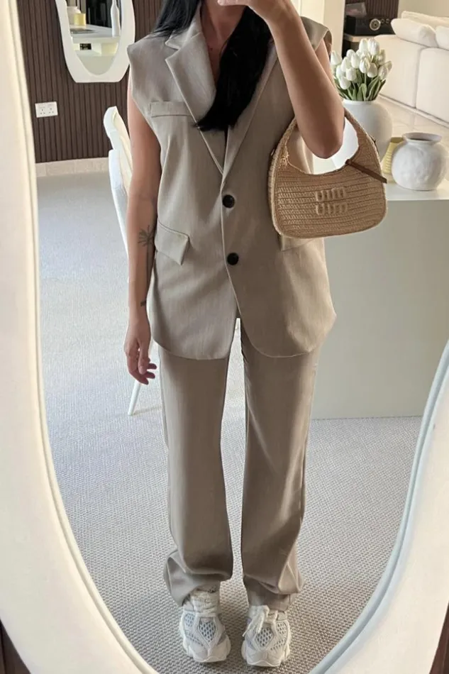 Women Ensemble 2 Pices Blazer Sans Manches Pantalon Beige Beige Brentiny Paris Pants
