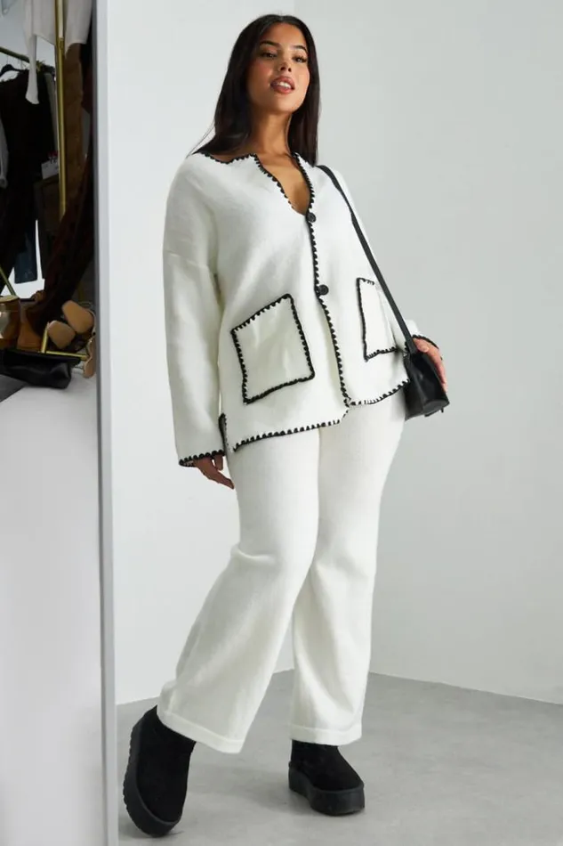 Women Ensemble 2 Pices Gilet Pantalon Blanc Coutures Noires White Brentiny Paris Cardigans