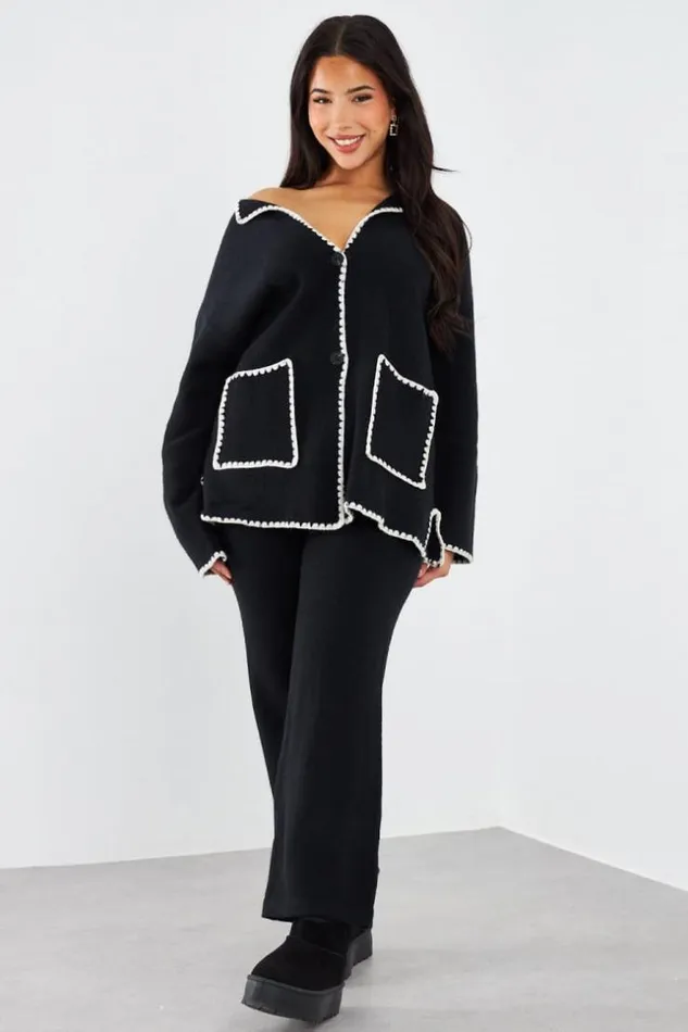 Women Ensemble 2 Pices Gilet Pantalon Noir Coutures Blanches Black Brentiny Paris Cardigans Women Ensemble 2 Pices Gilet Pantalon Noir Coutures Blanches Black Brentiny Paris Cardigans
