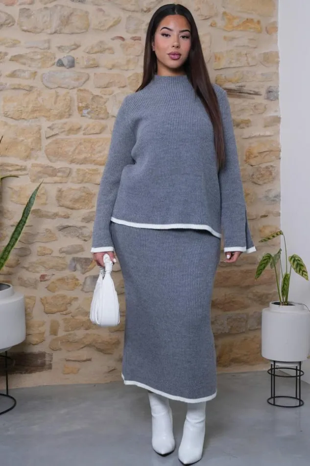 Women Ensemble 2 Pices Pull Jupe En Maille Gris Et Beige Grey Brentiny Paris Sweaters and Sweatshirts