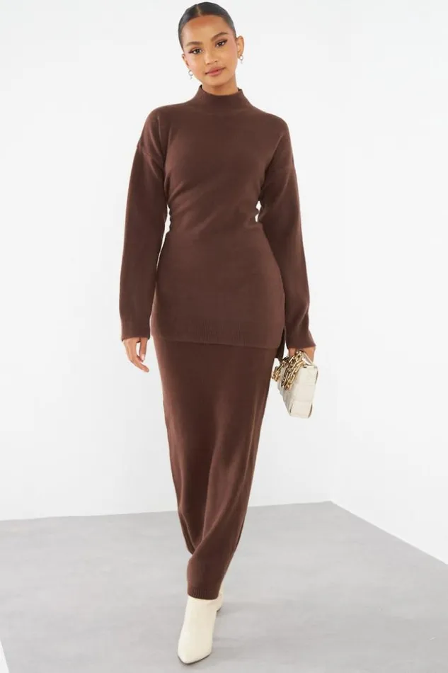 Women Ensemble 2 Pices Pull Jupe Marron Brown Brentiny Paris Sets With Top Bottoms