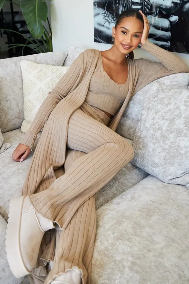 Women Ensemble 3 Pices Gilet Top Pantalon Camel Ctel Camel Brentiny Paris Crop Tops