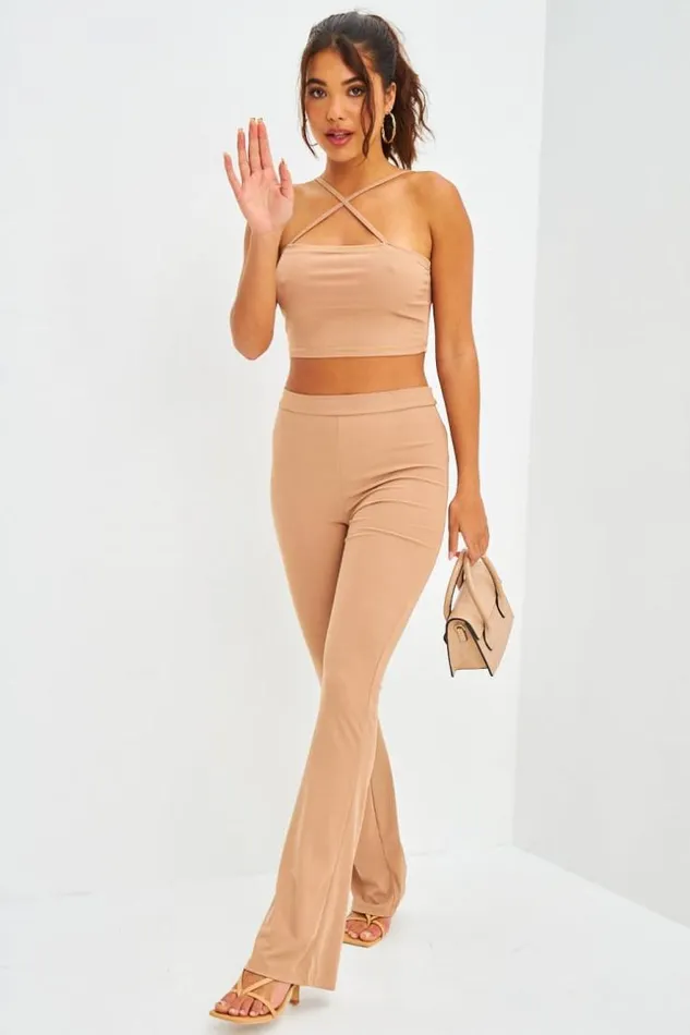 Women Ensemble Crop Top Crois Pantalon Ctel Beige Fonc Brentiny Paris Crop Tops