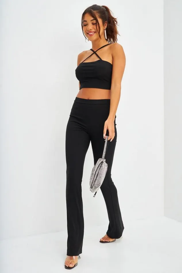 Women Ensemble Crop Top Crois Pantalon Ctel Noir Brentiny Paris Top And Tank Tops