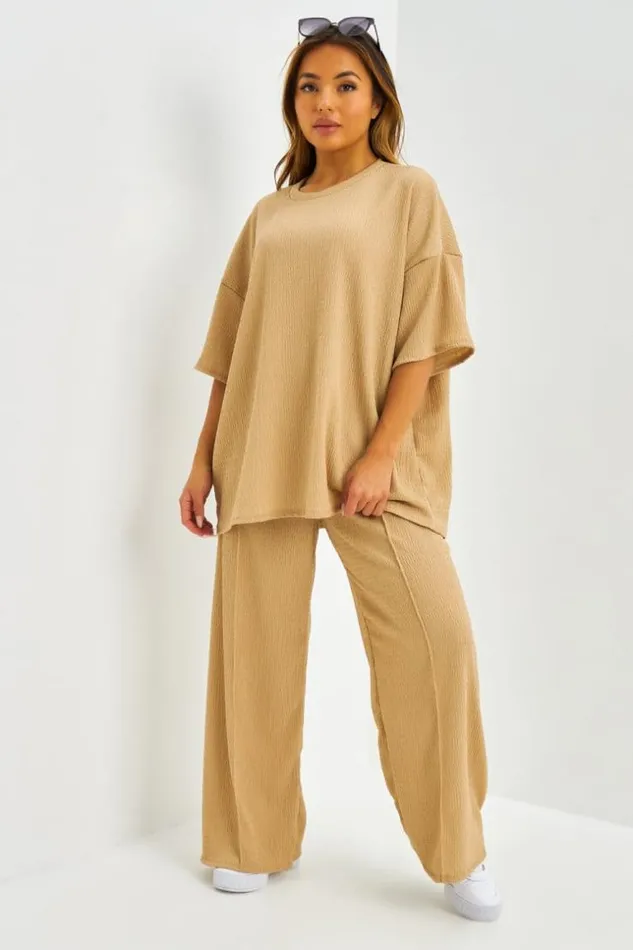 Women Ensemble TShirt Oversize Pantalon Textur Beige Beige Brentiny Paris TShirts