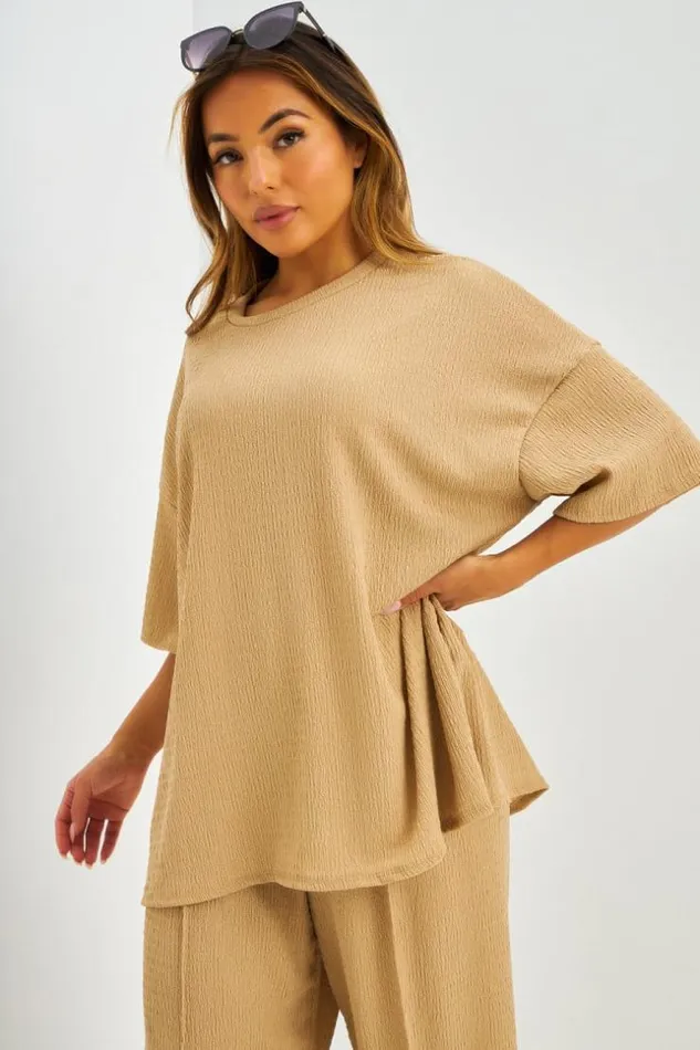 Women Ensemble TShirt Oversize Pantalon Textur Beige Beige Brentiny Paris TShirts Women Ensemble TShirt Oversize Pantalon Textur Beige Beige Brentiny Paris TShirts