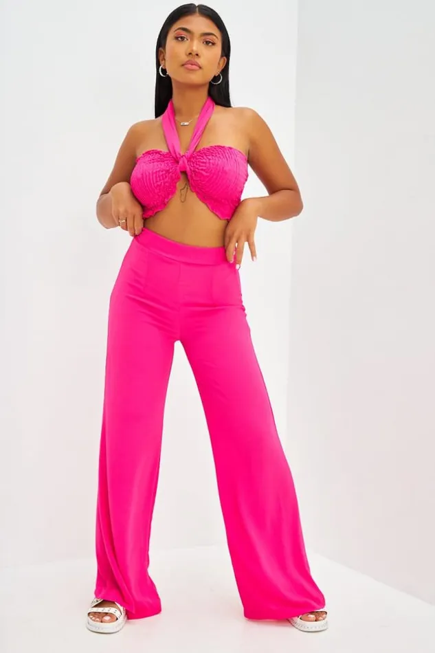 Women Ensemble Top Bandeau Pantalon Ample Rose Fuchsia Pink Brentiny Paris Crop Tops
