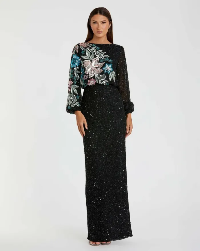 Women Evening Gowns Mac Duggal Black Embellished Floral High Neck Gown Black Multi