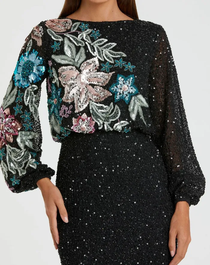 Women Evening Gowns Mac Duggal Black Embellished Floral High Neck Gown Black Multi
