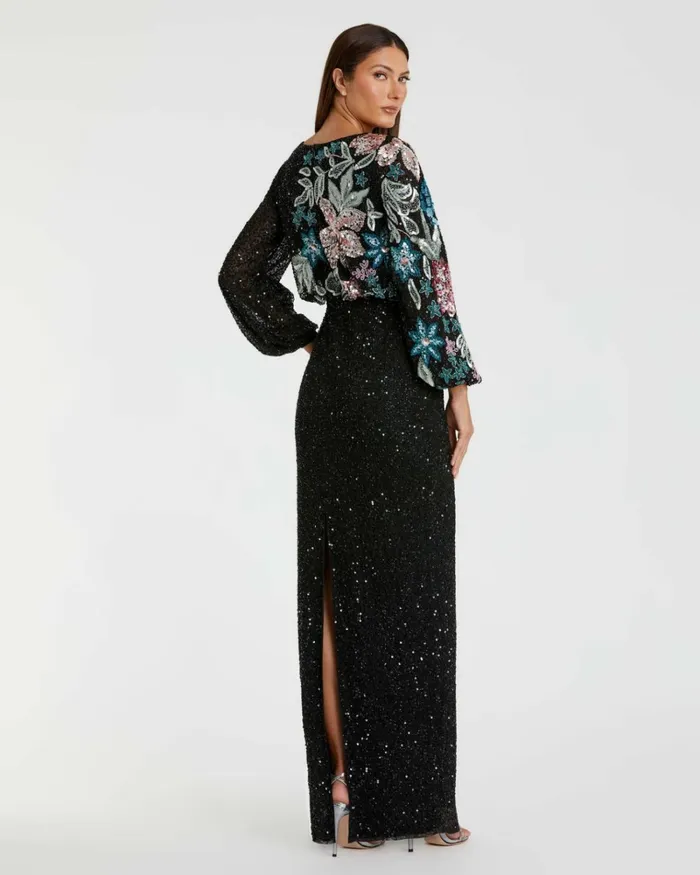 Women Evening Gowns Mac Duggal Black Embellished Floral High Neck Gown Black Multi