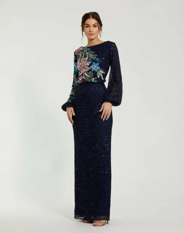 Women Evening Gowns Mac Duggal Blue Embellished Multi Color Floral High Neck Gown Midnight Women Evening Gowns Mac Duggal Blue Embellished Multi Color Floral High Neck Gown Midnight