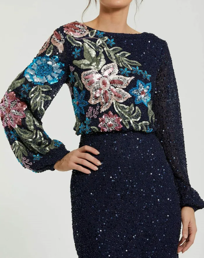Women Evening Gowns Mac Duggal Blue Embellished Multi Color Floral High Neck Gown Midnight