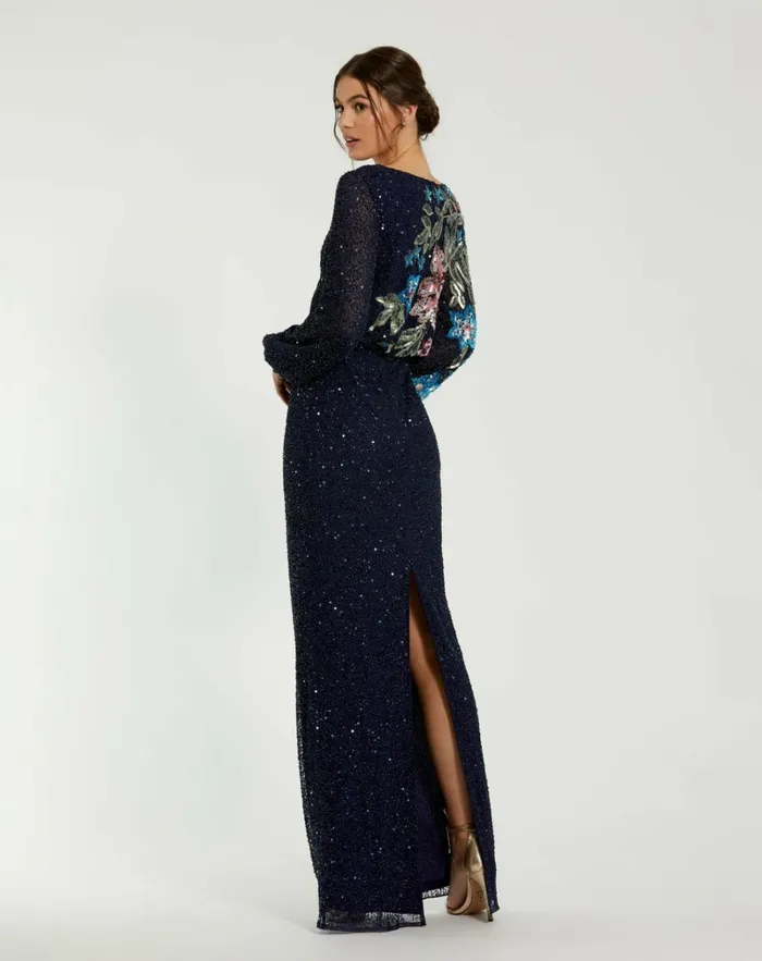 Women Evening Gowns Mac Duggal Blue Embellished Multi Color Floral High Neck Gown Midnight