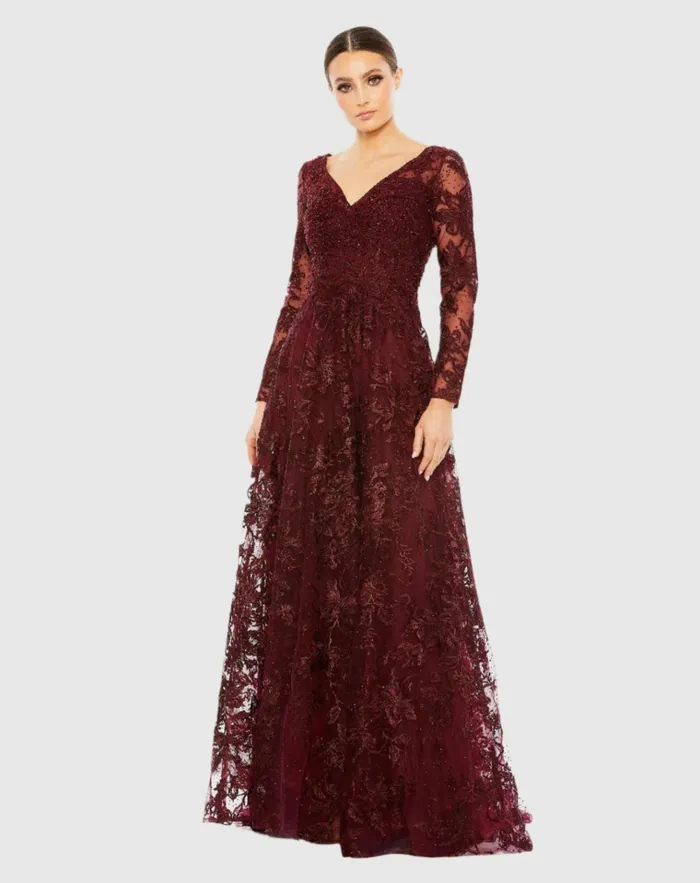 Women Evening Gowns Mac Duggal Embellished Illusion Long Sleeve V Neck Gown Mahogany