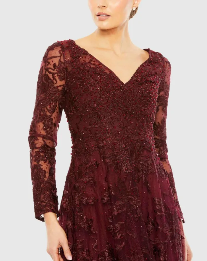 Women Evening Gowns Mac Duggal Embellished Illusion Long Sleeve V Neck Gown Mahogany Women Evening Gowns Mac Duggal Embellished Illusion Long Sleeve V Neck Gown Mahogany