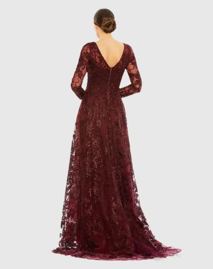 Women Evening Gowns Mac Duggal Embellished Illusion Long Sleeve V Neck Gown Mahogany Women Evening Gowns Mac Duggal Embellished Illusion Long Sleeve V Neck Gown Mahogany
