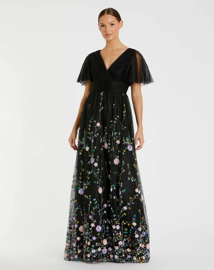Women Evening Gowns Mac Duggal Embroidered Illusion Butterfly Sleeve V Neck Gown Black Multi Women Evening Gowns Mac Duggal Embroidered Illusion Butterfly Sleeve V Neck Gown Black Multi