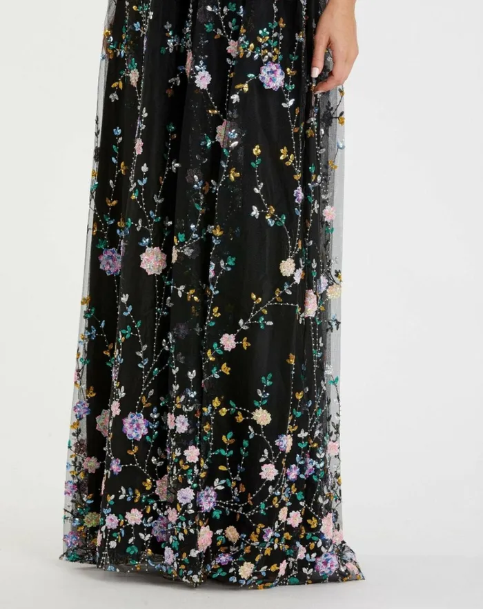 Women Evening Gowns Mac Duggal Embroidered Illusion Butterfly Sleeve V Neck Gown Black Multi