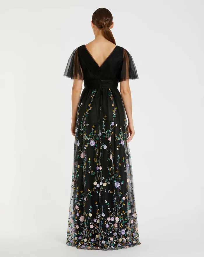 Women Evening Gowns Mac Duggal Embroidered Illusion Butterfly Sleeve V Neck Gown Black Multi