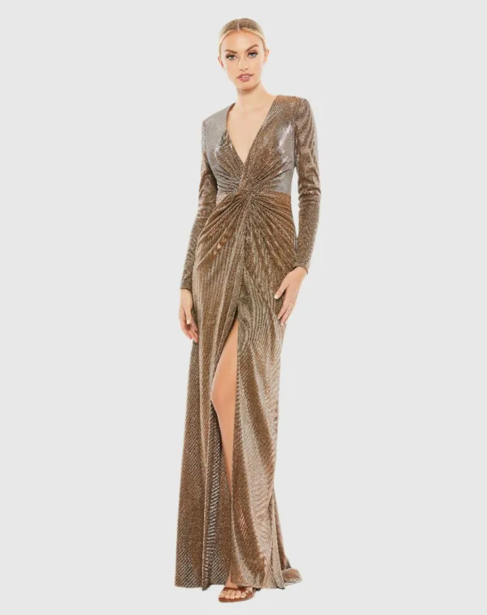 Women Evening Gowns Mac Duggal Front Twist V Neck Long Sleeve Gown Bronze