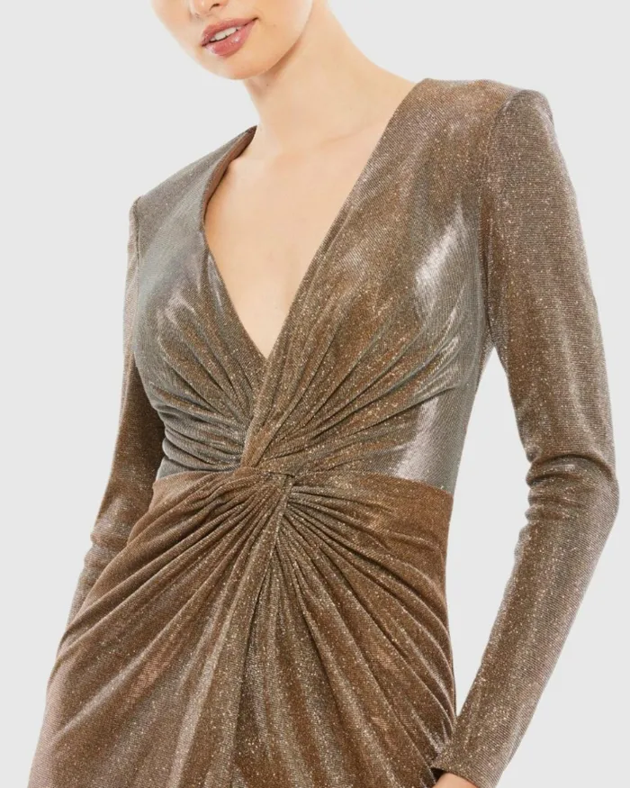 Women Evening Gowns Mac Duggal Front Twist V Neck Long Sleeve Gown Bronze