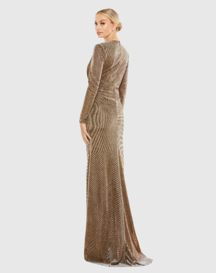 Women Evening Gowns Mac Duggal Front Twist V Neck Long Sleeve Gown Bronze