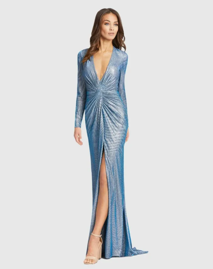 Women Evening Gowns Mac Duggal Front Twist V Neck Long Sleeve Gown Bronze
