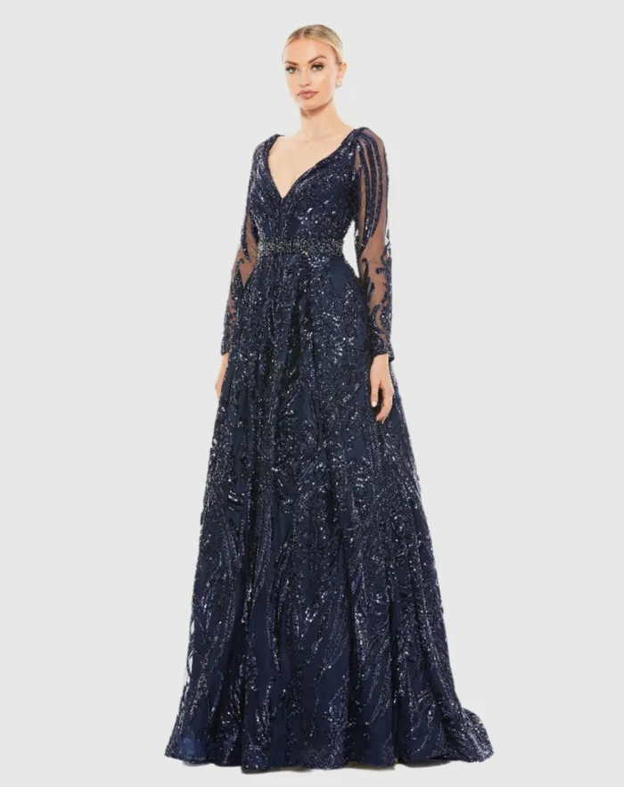 Women Evening Gowns Mac Duggal Long Sleeve Embellished Evening Gown Midnight