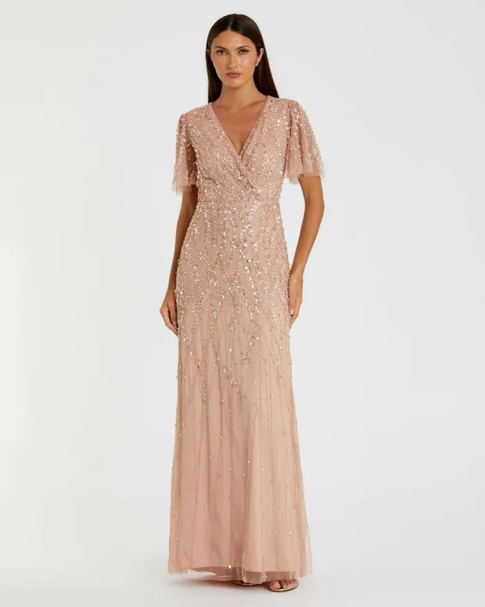 Women Evening Gowns Mac Duggal Pink Embellished Flutter Sleeve Gown Nude