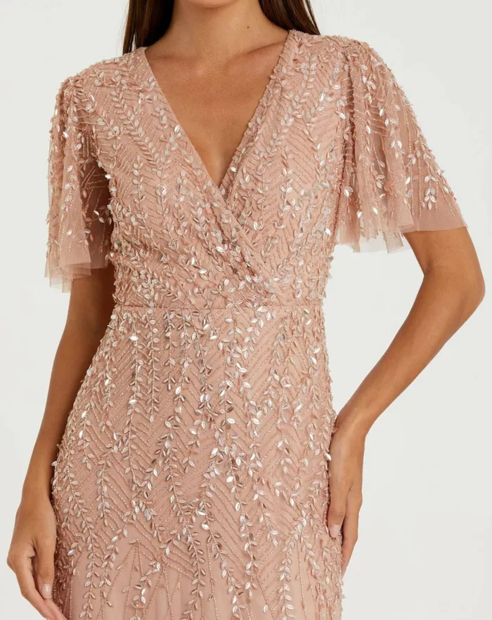 Women Evening Gowns Mac Duggal Pink Embellished Flutter Sleeve Gown Nude