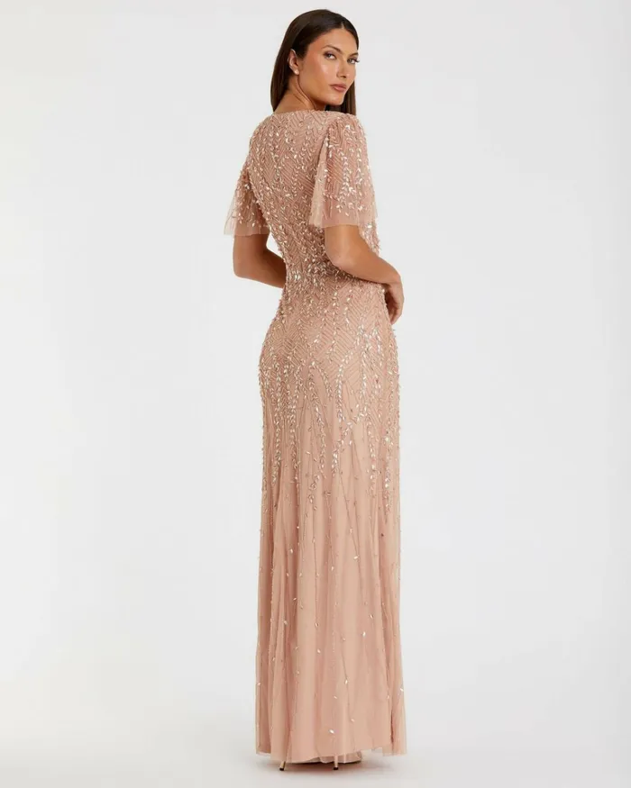 Women Evening Gowns Mac Duggal Pink Embellished Flutter Sleeve Gown Nude