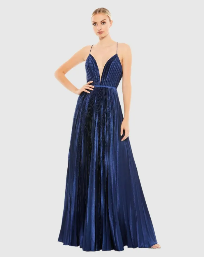 Women Evening Gowns Mac Duggal Plunge Neck Pleated Evening Gown Midnight