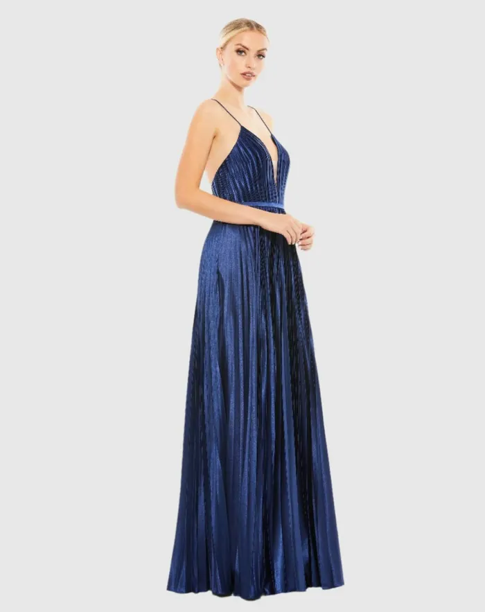 Women Evening Gowns Mac Duggal Plunge Neck Pleated Evening Gown Midnight